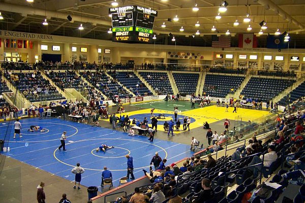 wrestling match in a gym with people watching from the bleachers